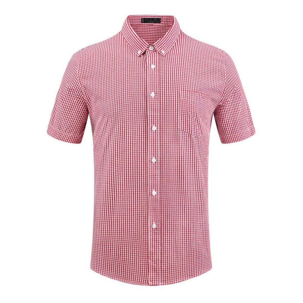 Gingham Tartan Short Sleeve Slim Fit Business Plaid Dress Shirt Red